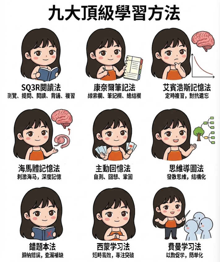 九宫格知识卡片范例 - 九大顶级学习方法